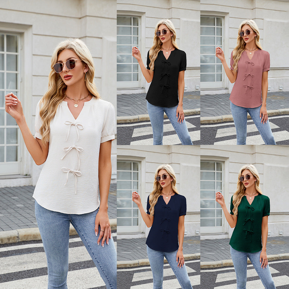 R&B | Einfarbiges Kurzarm-T-Shirt mit V-Ausschnitt und Schleife zum Schnüren