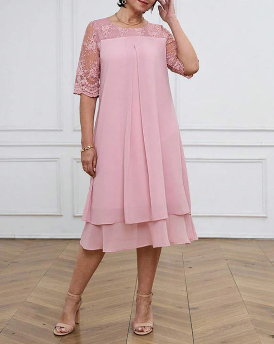 Damen nan A-Linien-Chiffonkleid mit floral bestickter Spitzenpasse, verdeckter Mittelnahtfalte und mehrlagigem Volant R&B