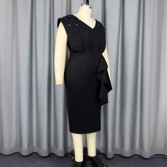 Damen elegantes Wickelkleid mit schimmernden Perlen und asymmetrischem Rüschensaum R&B