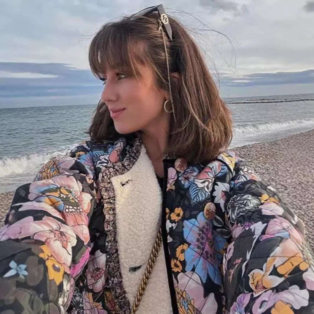 Damen gestepptes Blütenmuster Jacke R&B