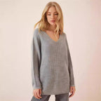 Damen lässiger V-Ausschnitt Pullover mit strukturiertem Strickmuster R&B