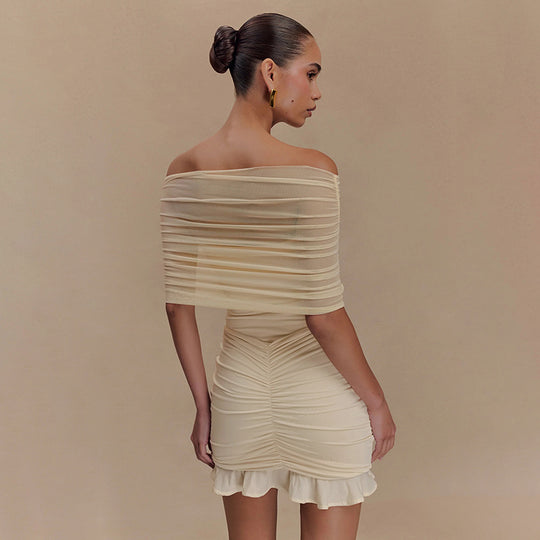 Damen figurbetontes Minikleid mit voluminösen Puffärmeln und Rüschensaum R&B