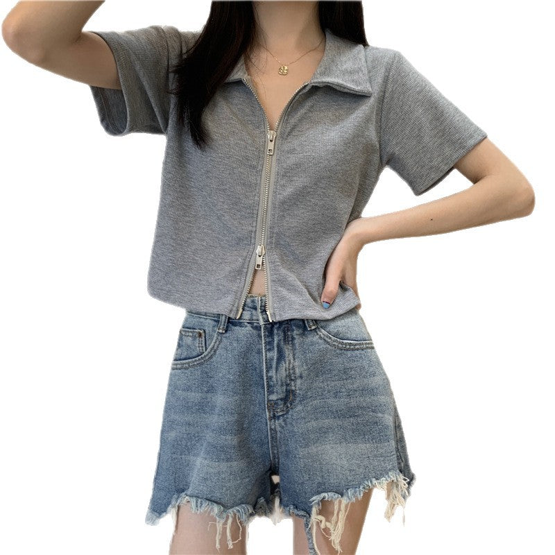Damen Cropped Poloshirt mit Reißverschluss und strukturierter Textur R&B