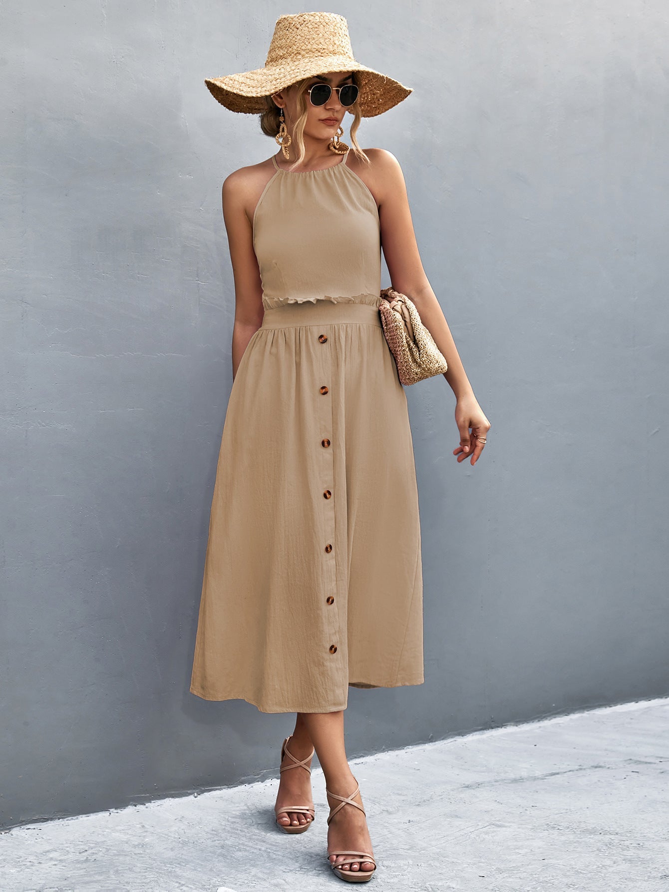 Damen Maxikleid mit hohen Trägern, elastischem Bund und dekorativen Knöpfen R&B