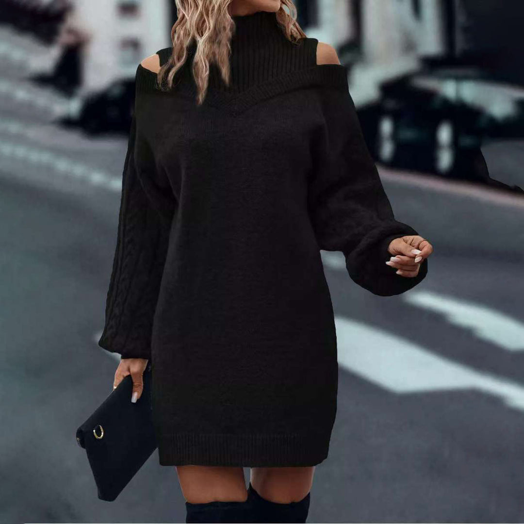 Damen Strickkleid mit kaltem Schulterdesign und Zopfmuster R&B