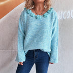 Damen Pullover mit romantischen Rosenapplikationen und weitem Schnitt R&B