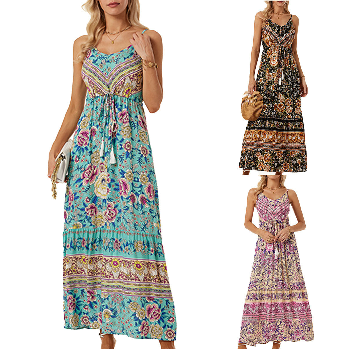 Damen Maxikleid mit elegantem floralem Motiv und verstellbarem Taillenzug R&B