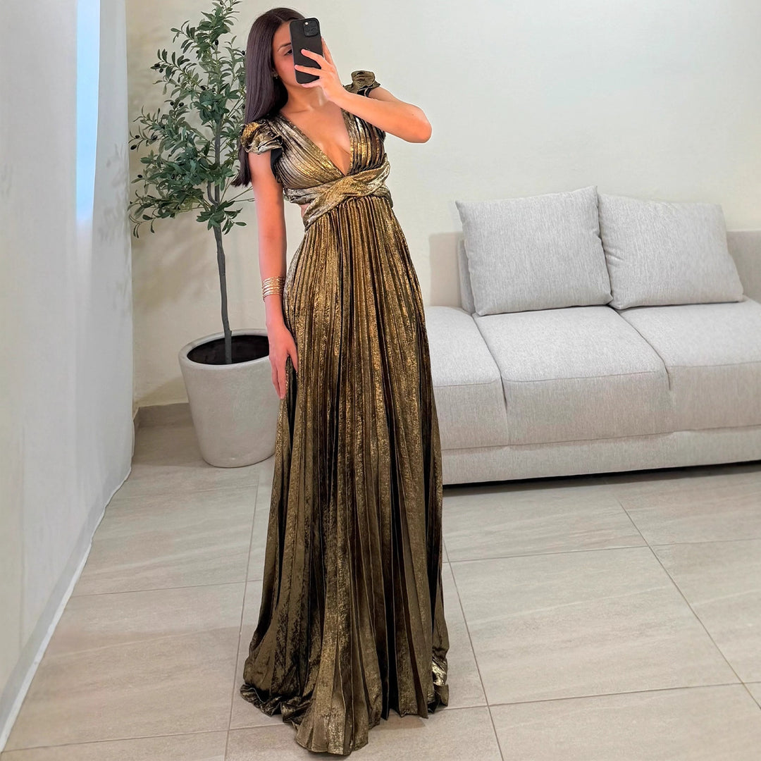 Damen Glamouröses Plissee-Maxikleid mit tiefem V-Ausschnitt und Puffärmeln R&B