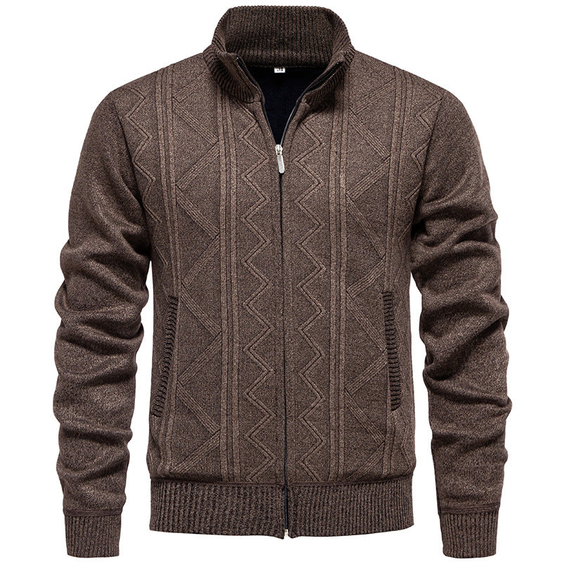 Herren Strickjacke mit Zopfmuster und hohem Stehkragen R&B