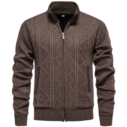Herren Strickjacke mit Zopfmuster und hohem Stehkragen R&B