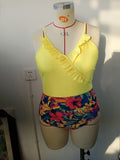 Damen Einteiler Badeanzug mit asymmetrischem Rüschendesign und floralem Hosenbereich R&B