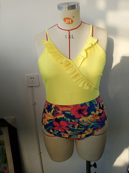 Damen Einteiler Badeanzug mit asymmetrischem Rüschendesign und floralem Hosenbereich R&B