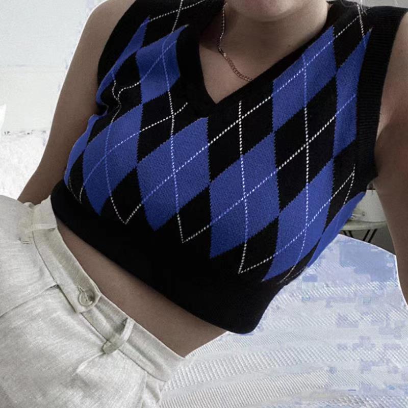 Damen cropped Stricktop mit modernem Rautenmuster R&B