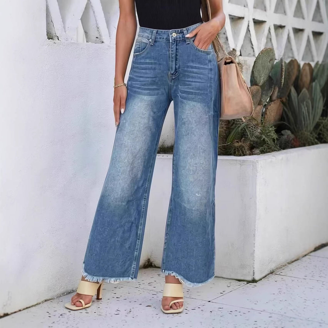 Damen weite Denim-Jeans mit kreativem Muster und fransigem Saum R&B