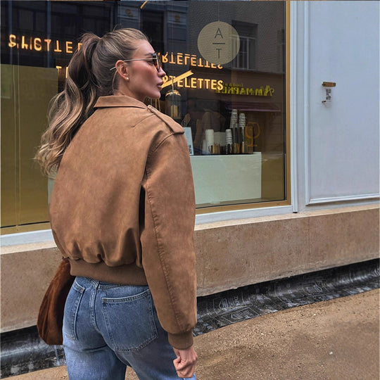 Damen lässige Kurzjacke mit voluminösen Ärmeln und Reißverschluss R&B