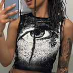 Damen Cropped Tanktop mit strahlendem Augenmotiv und glitzernden Akzenten R&B