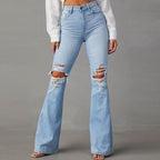 Damen Flared Jeans mit ausgefranstem Saum und verwaschenem Effekt R&B