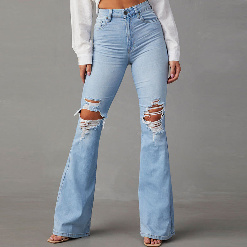 Damen Flared Jeans mit ausgefranstem Saum und verwaschenem Effekt R&B