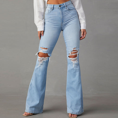 Damen Flared Jeans mit ausgefranstem Saum und verwaschenem Effekt R&B