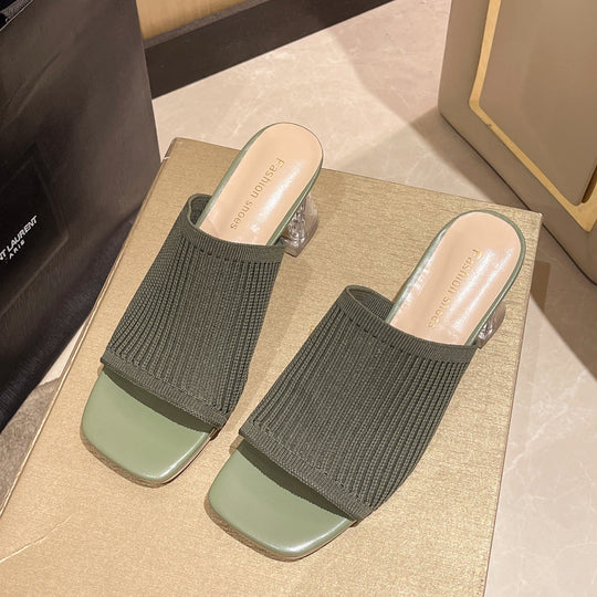 Damen Slide-Sandalen mit luftiger Rippstruktur und transparentem Blockabsatz R&B