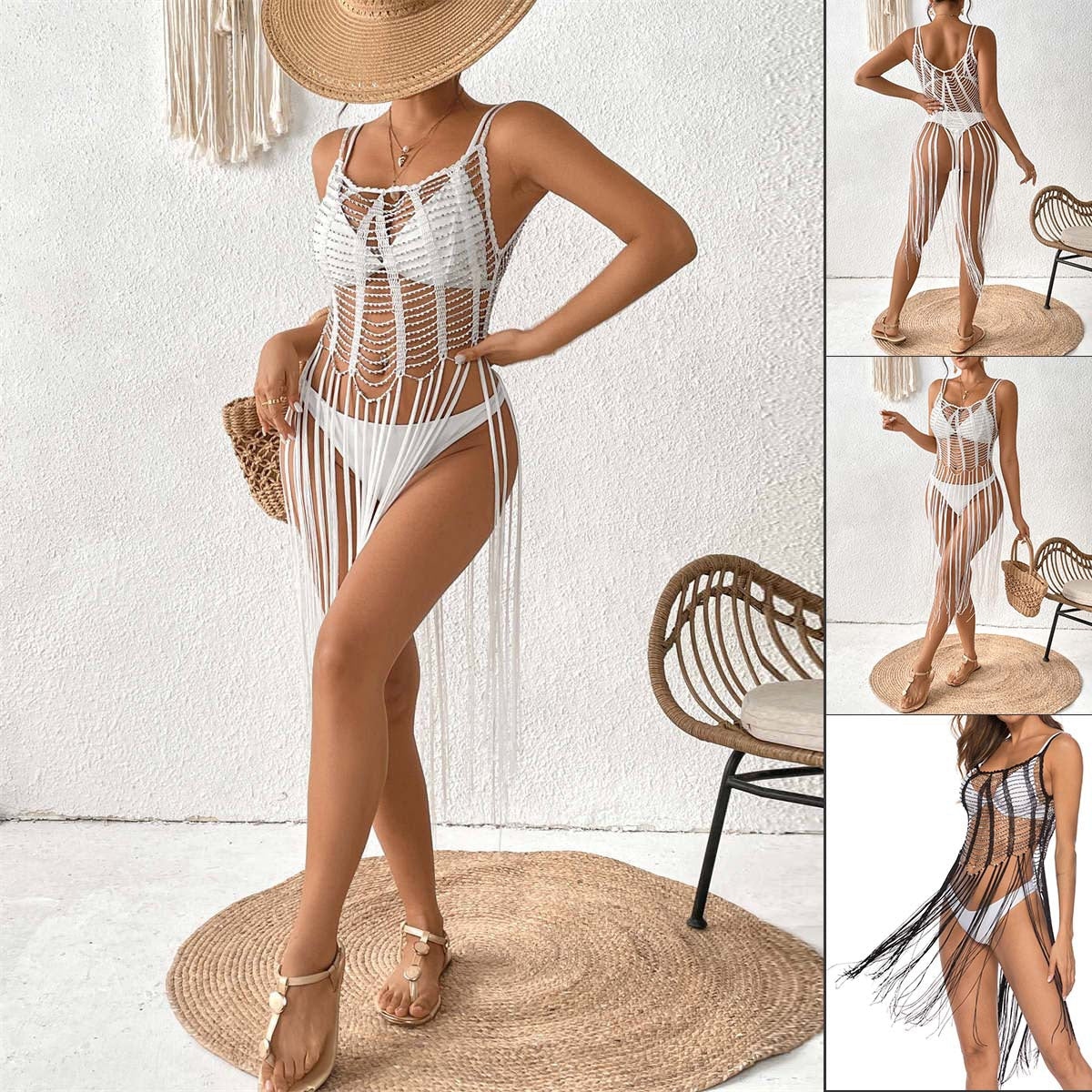 Damen Häkel-Strandüberwurf mit modischem Fransen-Design R&B