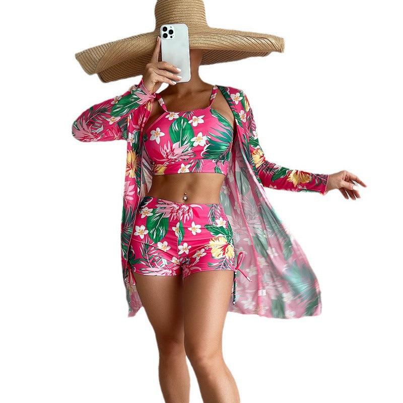 Damen Sport-Bikini-Set mit farbenfrohem Floralprint und lässiger Wickeljacke R&B