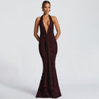 Damen Elegantes Maxikleid mit tiefem V-Ausschnitt und strukturierter Raffung R&B