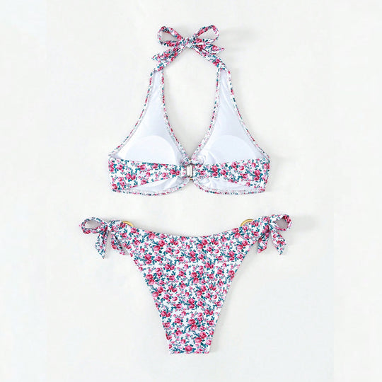 Damen Triangel-Bikini mit verspieltem Blumenmuster und komfortablen Schleifen R&B