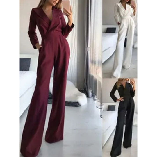 Damen eleganter Jumpsuit mit langem Bein und klassischem Schauspielkragen R&B