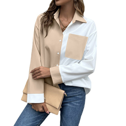 Damen Elegante Oversized Bluse mit Kontrastpaten R&B