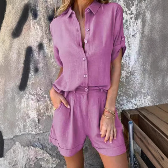 Damen Lässiges Jumpsuit-Set mit knöpfbarem Oberteil und elastischem Taillenzug R&B