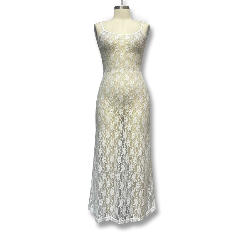 Damen Spitzen-Maxikleid mit schmalen Trägern und eleganter Silhouette R&B