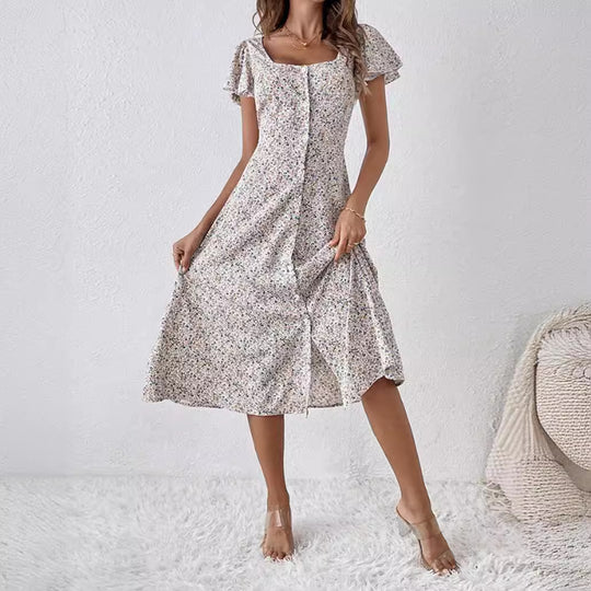 Damen Midi-Kleid mit femininen Rüschendetails und Knopfverschluss Heidi-Mode