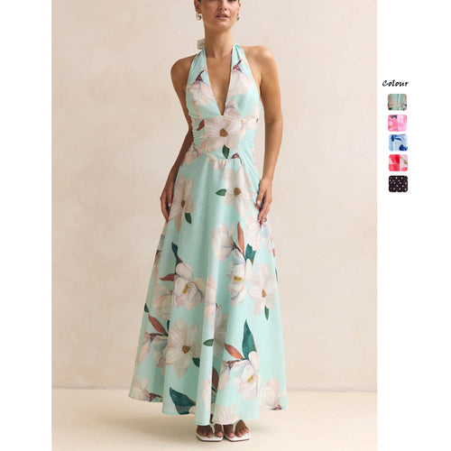 Damen Maxikleid mit tiefem V-Ausschnitt und floralen Akzenten R&B