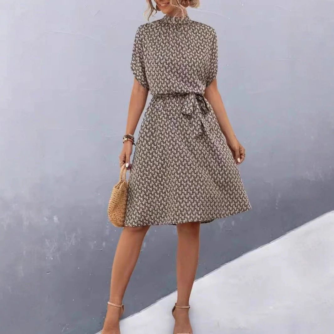 Damen Midikleid mit elegantem Bindegürtel und modischem Stehkragen R&B