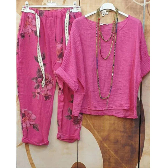 Damen nan leichtes Crinkle-Zweiteiler-Set mit lockerem U-Boot-Top und floral bedruckter Joggerhose R&B