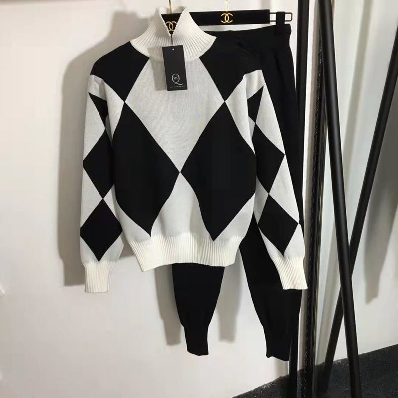 Damen stylisches Freizeitstrickset mit hohem Kragen R&B