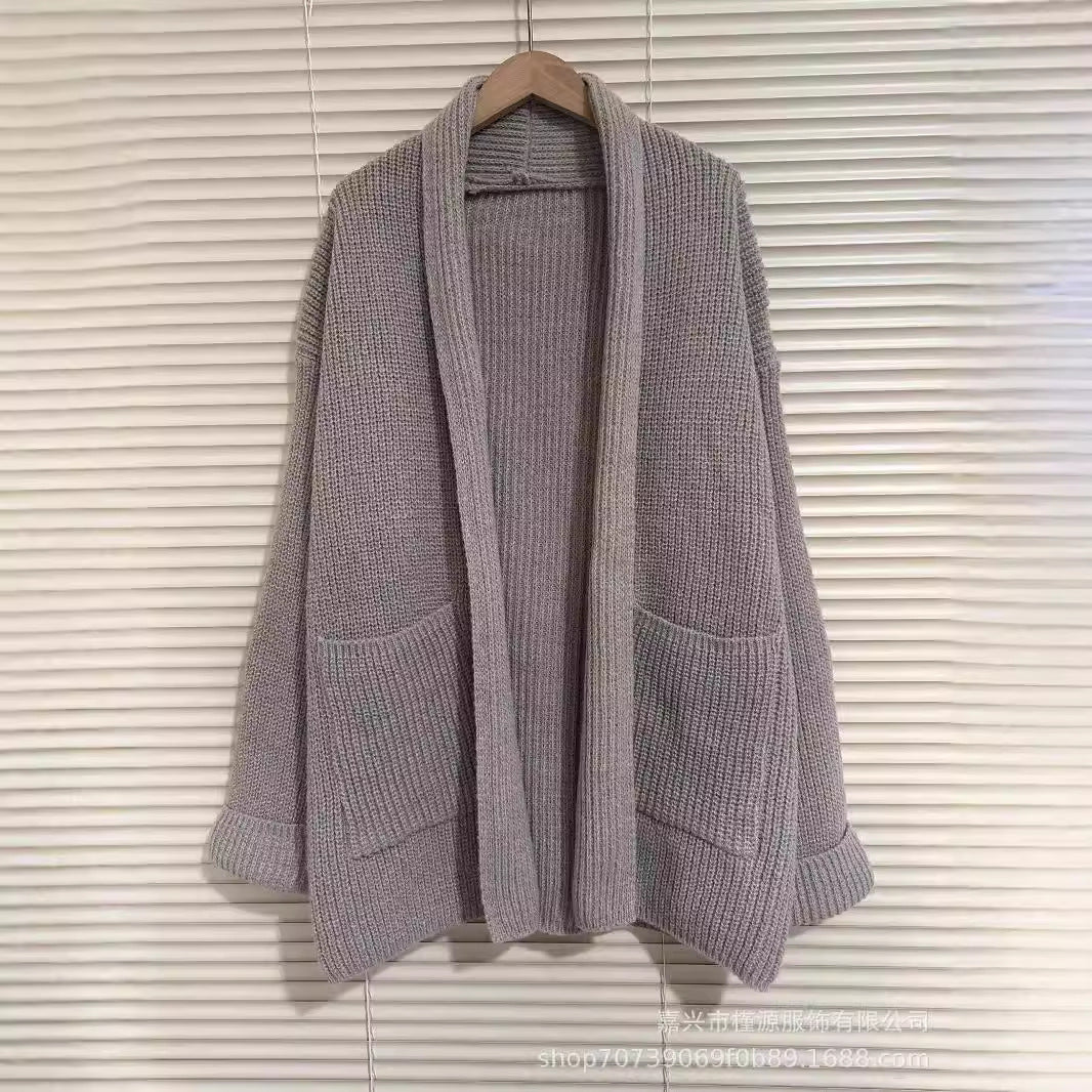 Damen Grobstrick Cardigan mit eleganten Revers und Taillengürtel R&B