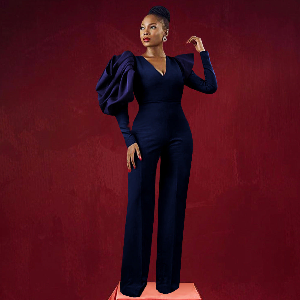Damen Eleganter Jumpsuit mit dramatischen Puffärmeln und figurbetontem Schnitt R&B