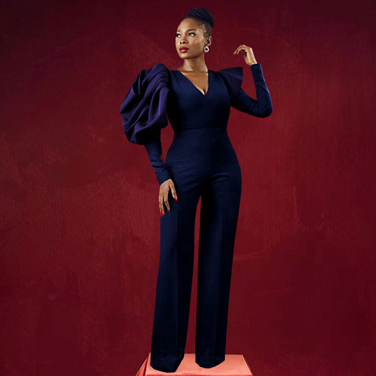 Damen Eleganter Jumpsuit mit dramatischen Puffärmeln und figurbetontem Schnitt R&B