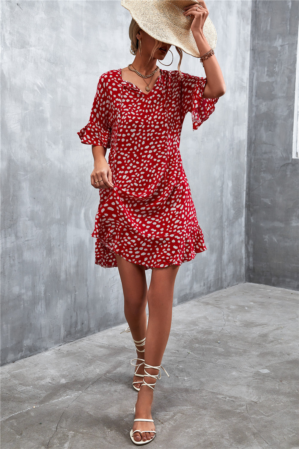 Damen lässiges V-Ausschnitt Sommerkleid mit voluminösen Ärmeln R&B