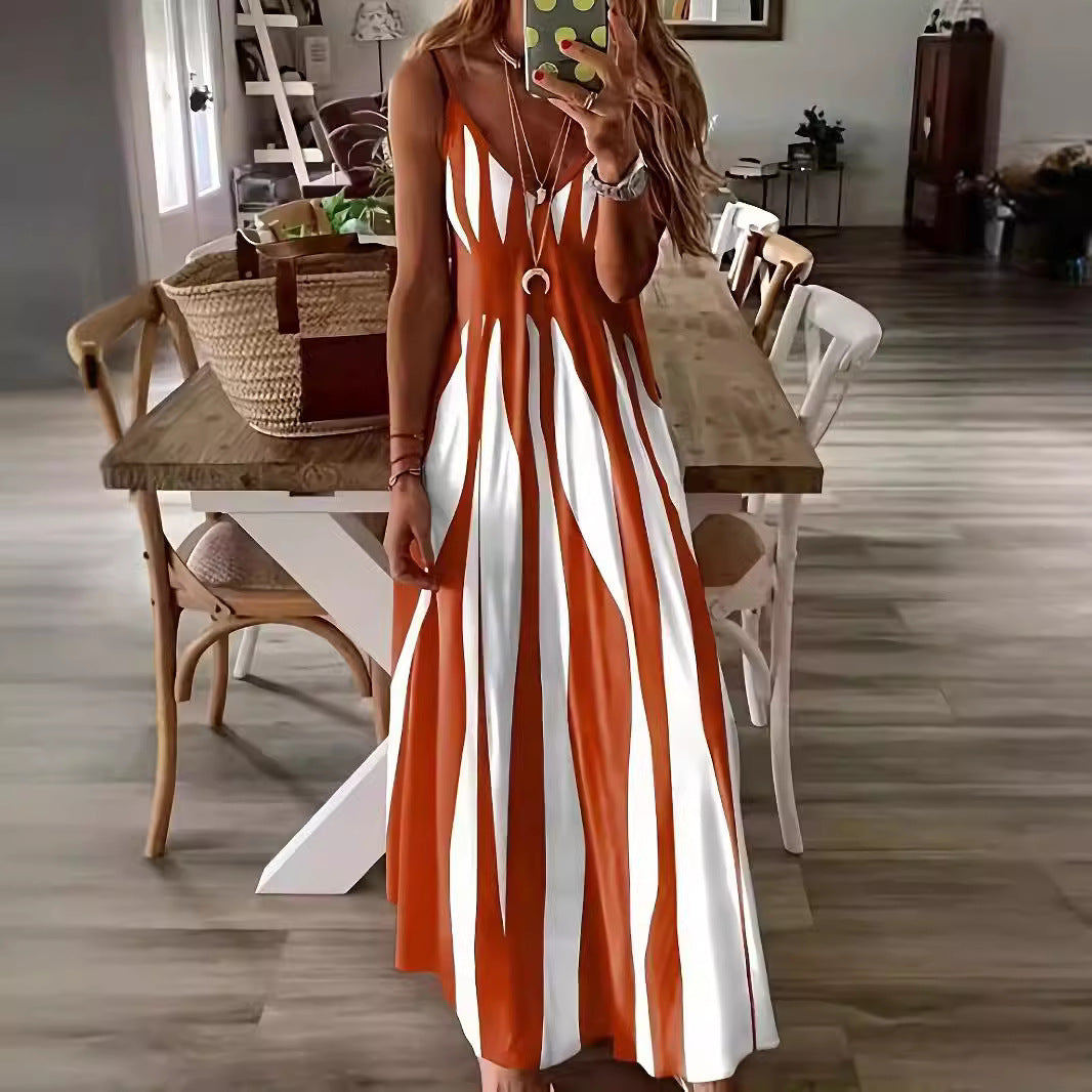 Damen Maxikleid mit raffiniertem Streifenmuster und tiefem V-Ausschnitt R&B