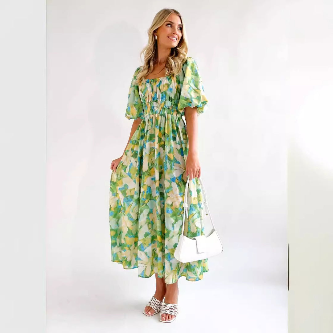 Damen Off-Shoulder Maxikleid mit floralen Mustern und elastischem Bund R&B