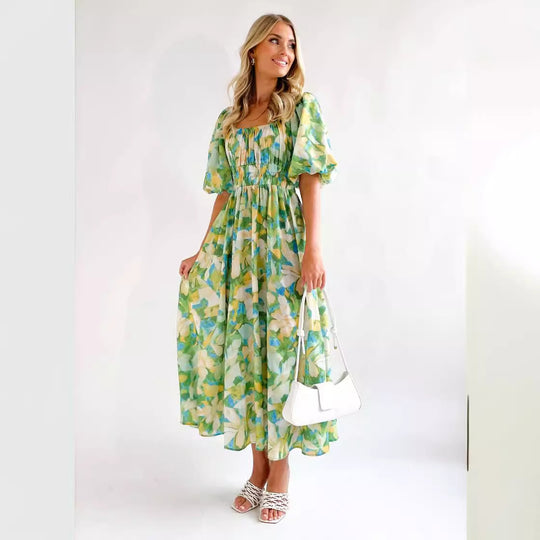 Damen Off-Shoulder Maxikleid mit floralen Mustern und elastischem Bund R&B