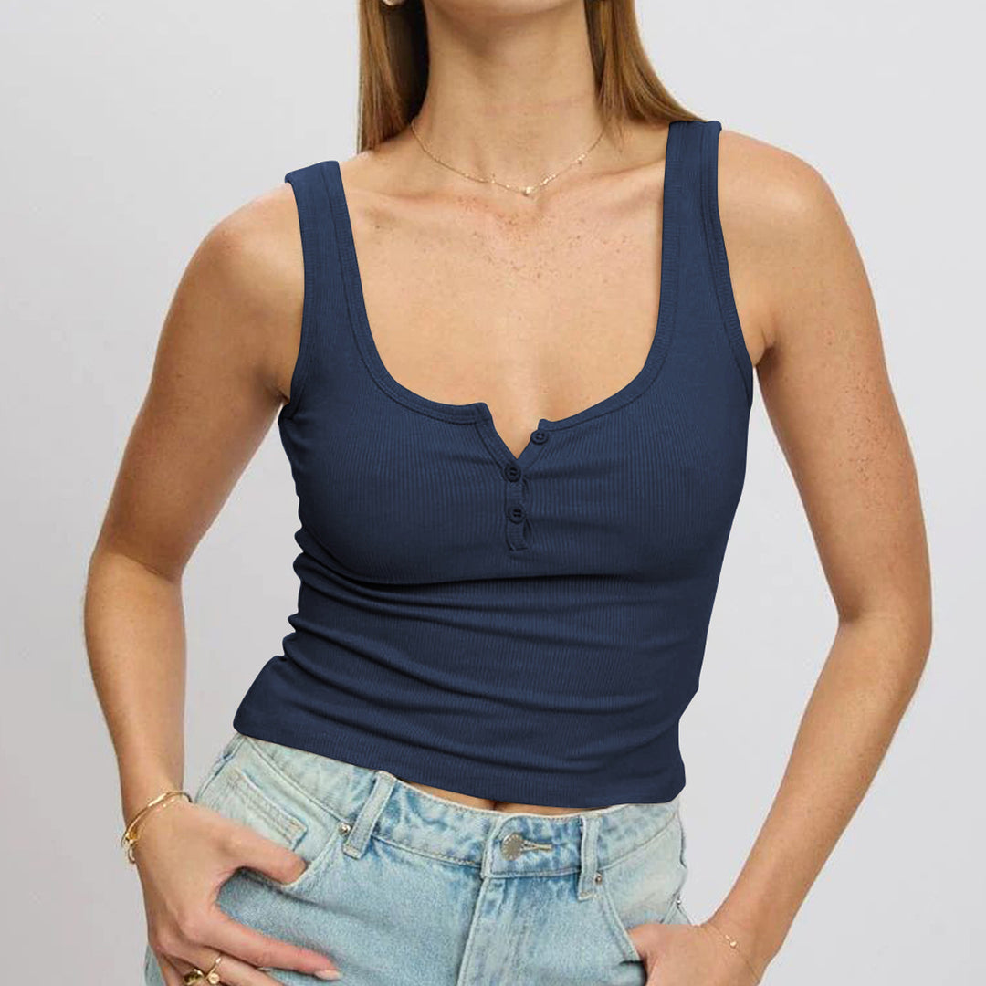 Damen körperbetontes Ripp-Top mit Knopfleiste und weitem Ausschnitt R&B