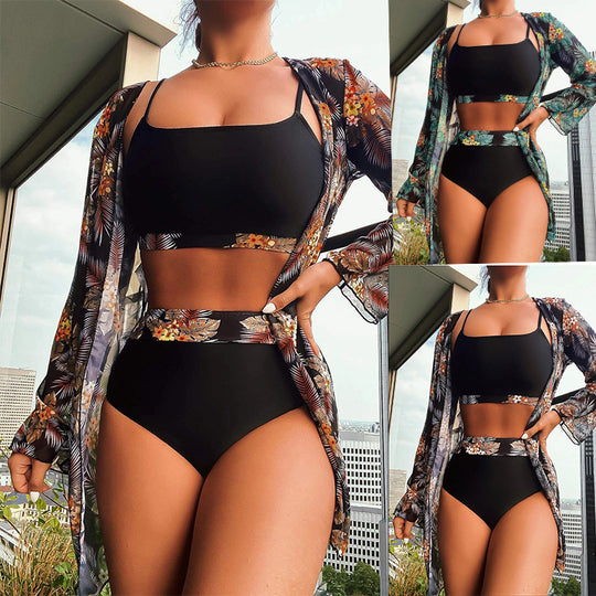 Damen Bikini-Set mit hochgeschnittenem Höschen und floralem Kimono R&B
