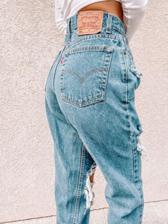 Damen Hochtaillierte Ripped Jeans mit fransigen Details R&B