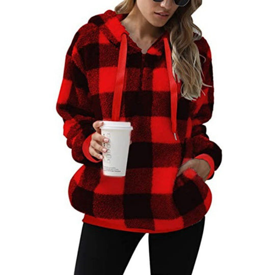 Damen kuschelige Karo-Hoodiejacke mit Reißverschluss und Kängurutasche R&B