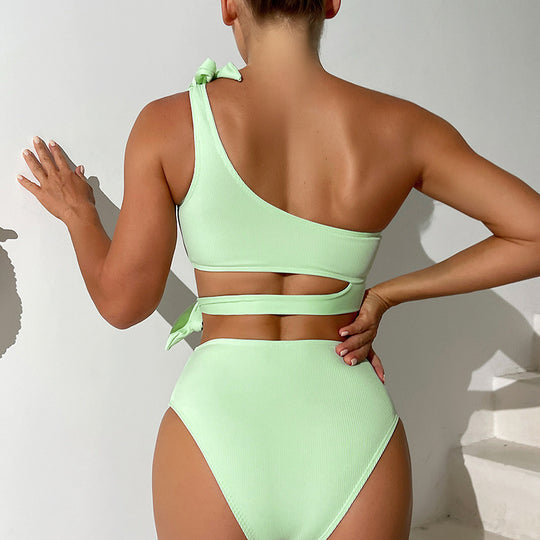 Damen Cut-Out Bikini-Set mit asymmetrischem Oberteil und modischen Bindebändern R&B