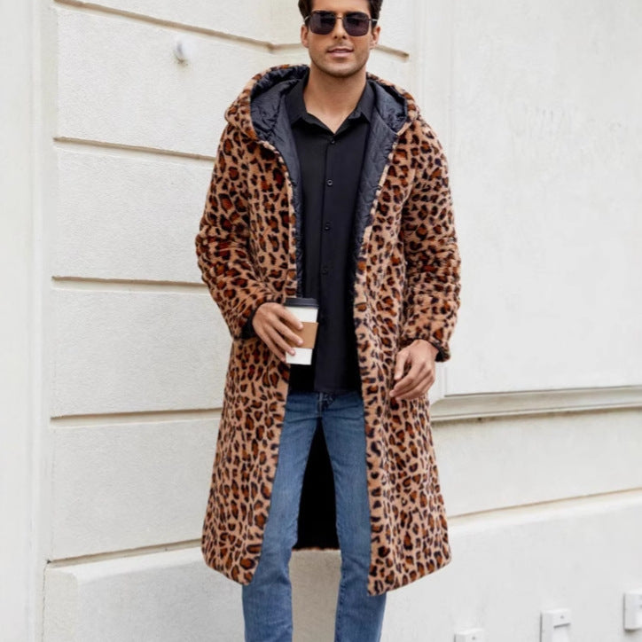 Herren Eleganter Kunstfellmantel mit Leopardenmuster R&B